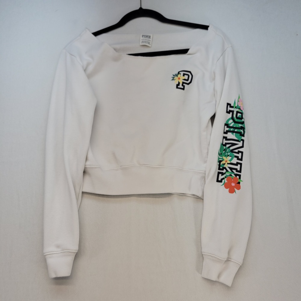 PINK Sweatshirt Womens XS White Tropical Floral Logo Cropped Boat Neck Pullover